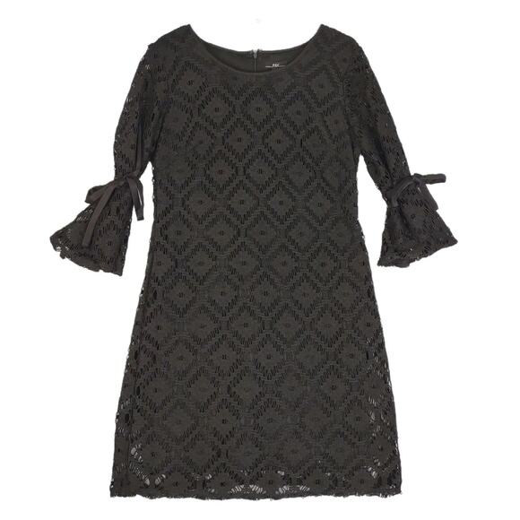 R&K Sz 10 Black Geometric Lace Tied Bell Sleeve Shift Dress, Gothic Punk Grunge - Picture 1 of 7